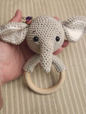 Handmade 6" Crochet Elephant Teether Rattle in Light Gray